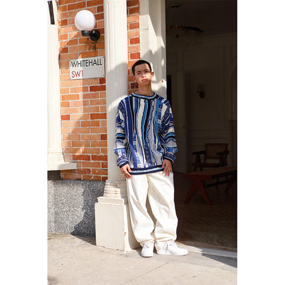 Medria Men's Retro Cleanfit Sweater - Bitter Melon Stripe Ethnic Texture Pullover