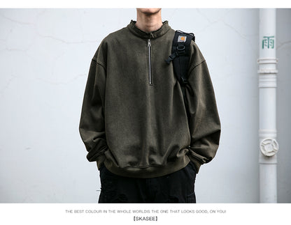 Unisex 465g Washed Vintage Sweatshirt - Boxy Half-Zip Snowflake Knit Pullover