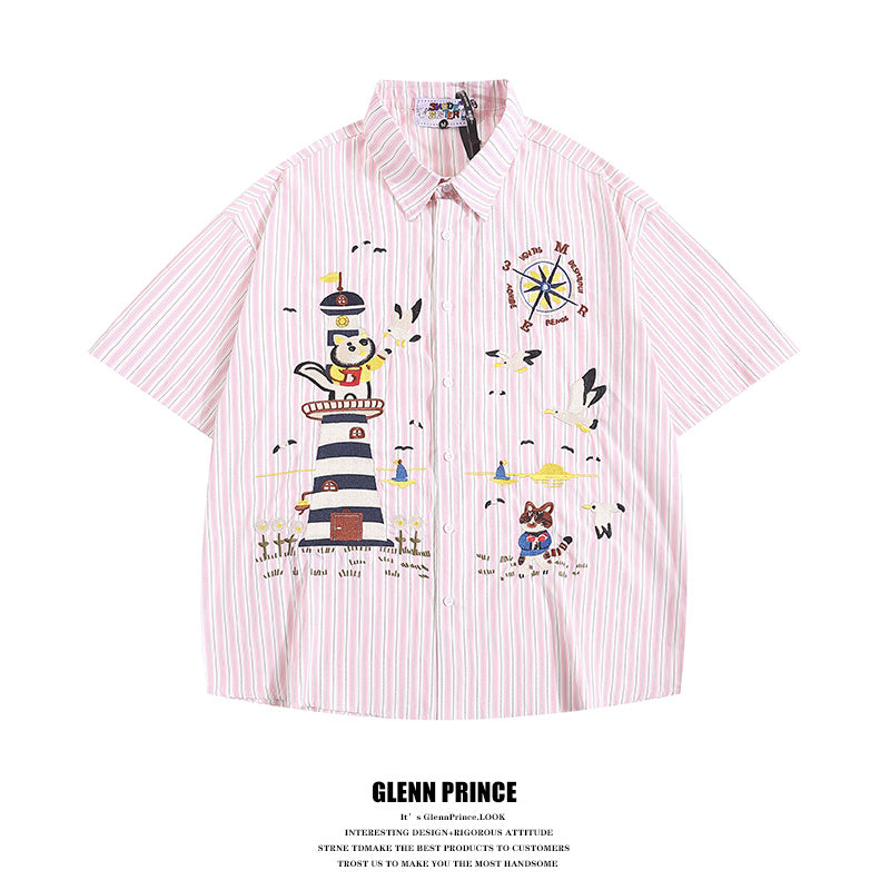 Japanese Style Trendy Cartoon Embroidery Vertical Striped Short Sleeve Shirt for Men Summer Loose Couple Half Sleeve Shirt