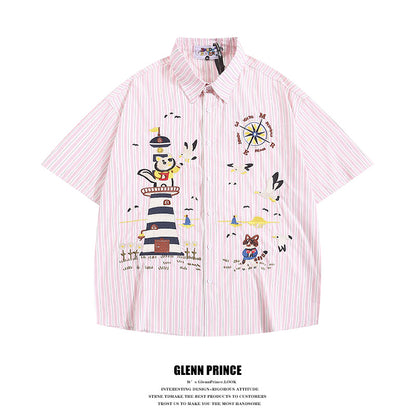 Japanese Style Trendy Cartoon Embroidery Vertical Striped Short Sleeve Shirt for Men Summer Loose Couple Half Sleeve Shirt