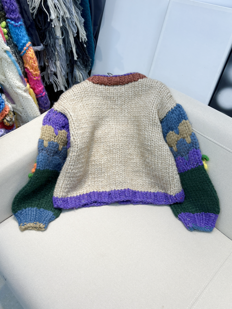 French Heavy Craft Pure Handmade Thick Knitted Color-Block Vintage Style 3D Crochet Sweater Cardigan for Women