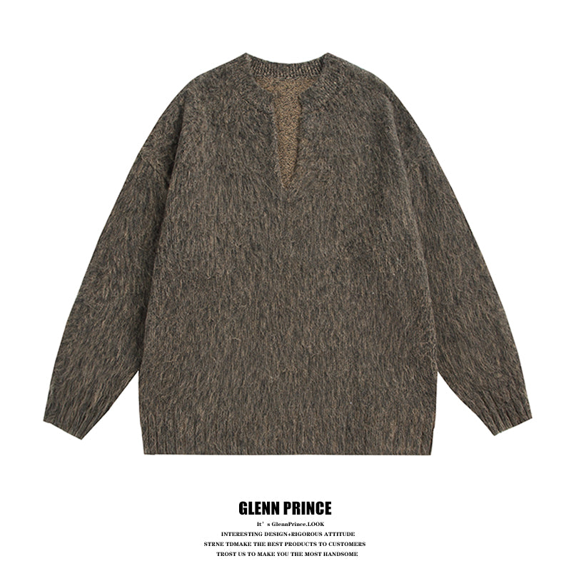 GPstudio American Style Trendy Brand Seahorse Wool V-Neck Sweater for Men Spring Melad Brown Lazy Top Knitted Shirt