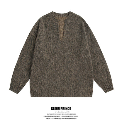 GPstudio American Style Trendy Brand Seahorse Wool V-Neck Sweater for Men Spring Melad Brown Lazy Top Knitted Shirt