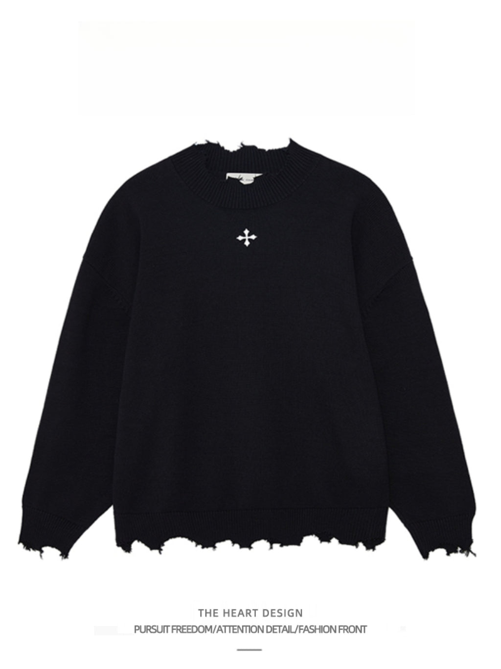 Men's Retro Cross Embroidered Distressed Knit Sweater – High Street American Style Casual Winter Pullover Jacket