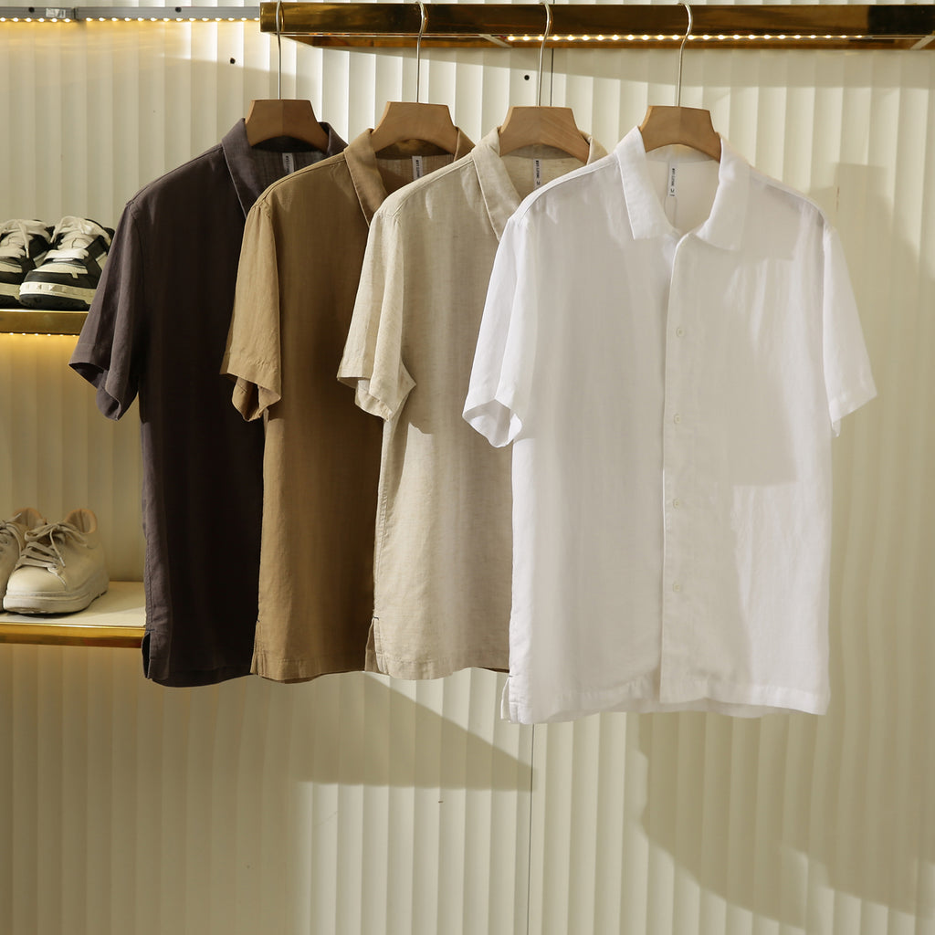 Cool Antibacterial Linen/Lyocell Men's Summer Turn-down Collar Loose Casual Short Sleeve Shirt Top