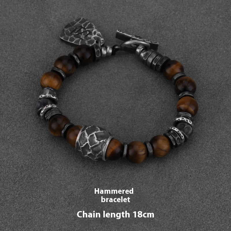 Yinshu Original Handmade &lt;Hammered&gt; Bracelet for Men Niche 999 Pure Silver Tiger Eye Stone Men's Vintage Bracelet