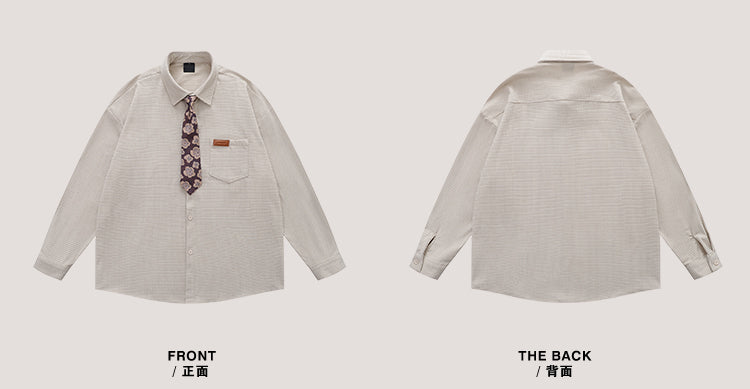Vintage Neutral Waffle Knit Long Sleeve Shirt – Spring/Autumn Unisex Casual
