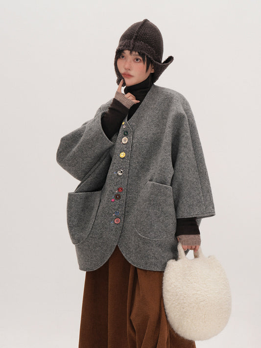Smoke Gray Composite Wool Batwing Sleeve Cardigan - Irregular Button Coat (Women)