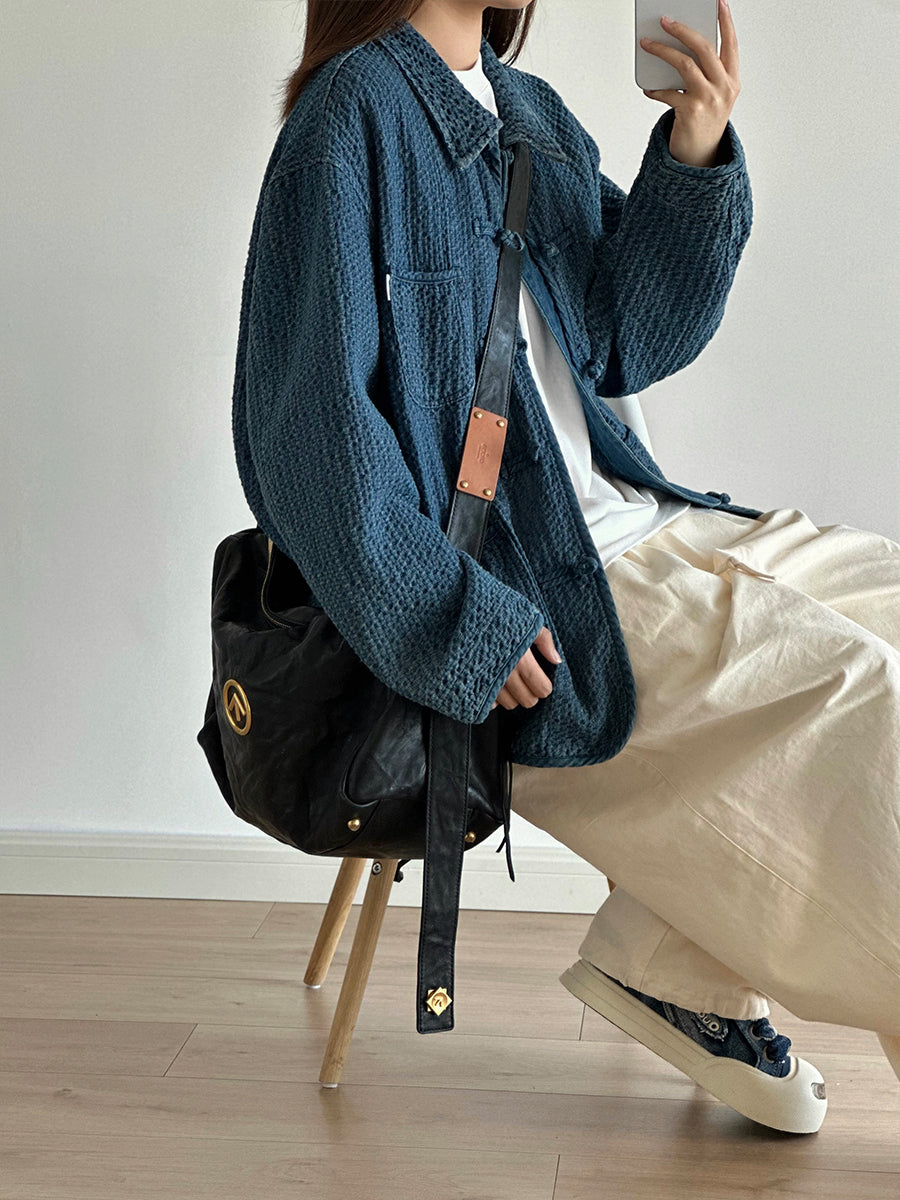New Chinese Style Textured Jacket Washed Vintage Jacket Japanese Style Button Gradient Denim Loose Workwear Unisex