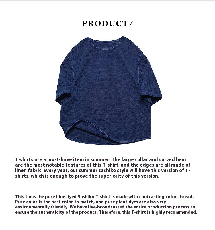 Original Japanese Retro Indigo Dyed Loose Couple Style Casual Short Sleeve T-Shirt