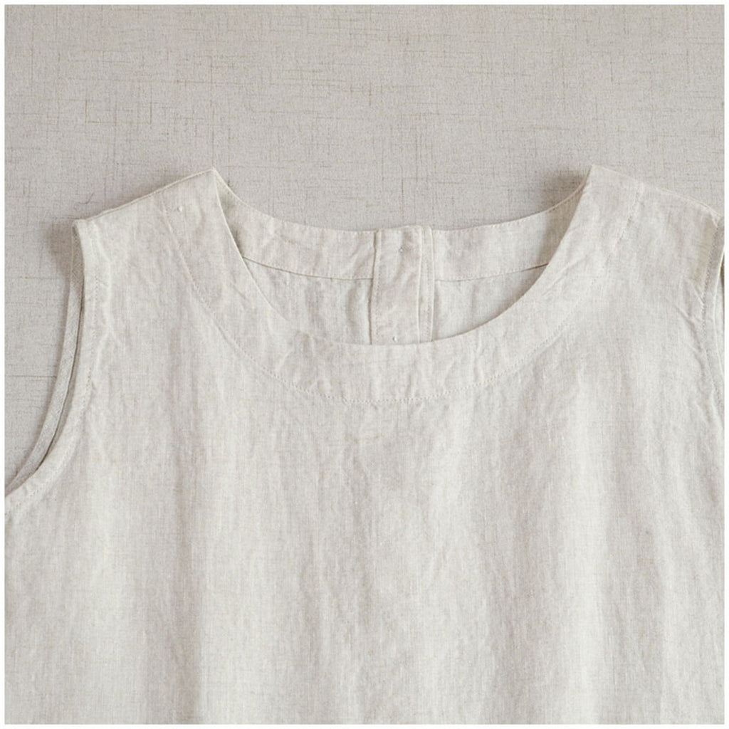 Linen Color-Block Mori Girl Tank Dress – High-Waist, Loose, Round Neck