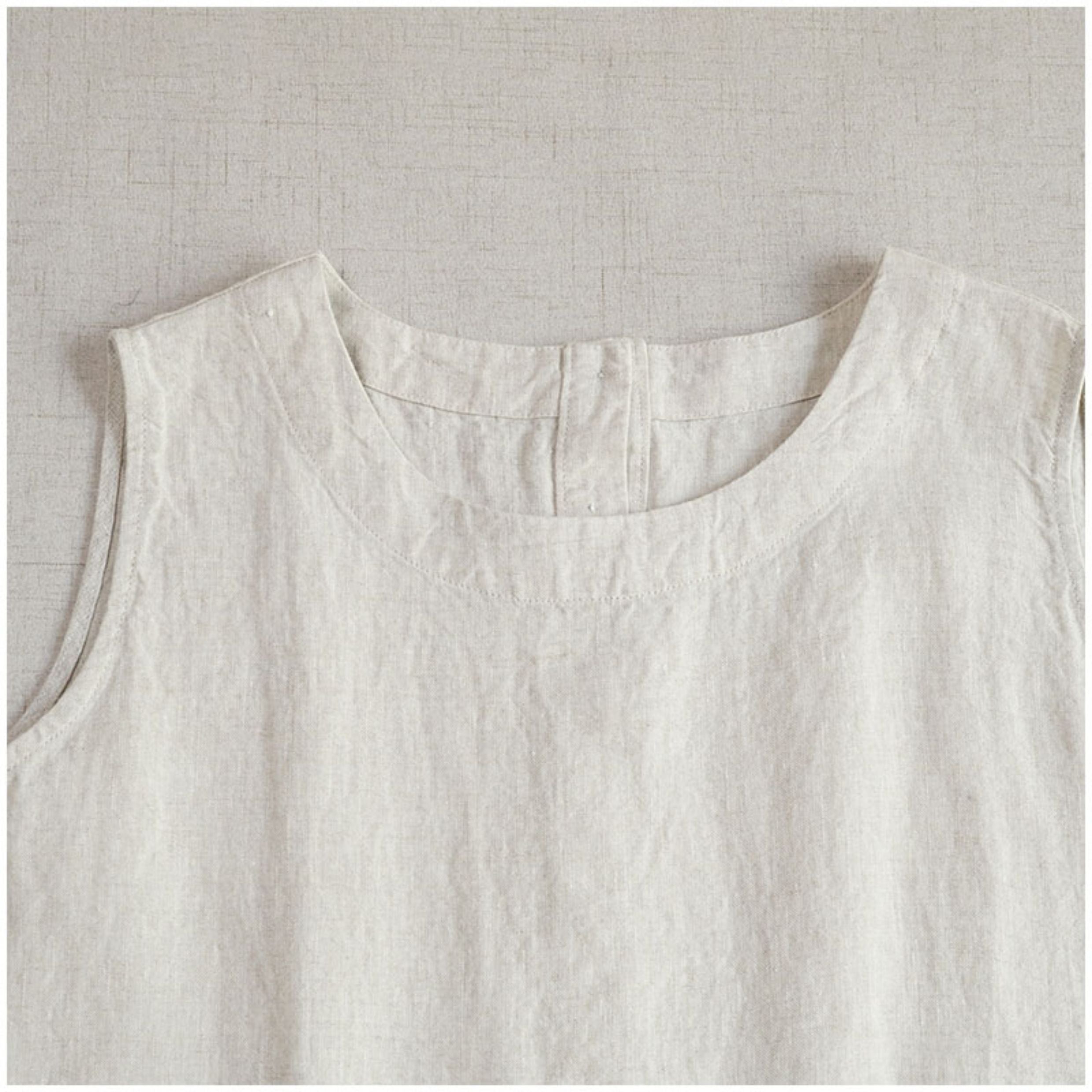 Linen Color-Block Mori Girl Tank Dress – High-Waist, Loose, Round Neck