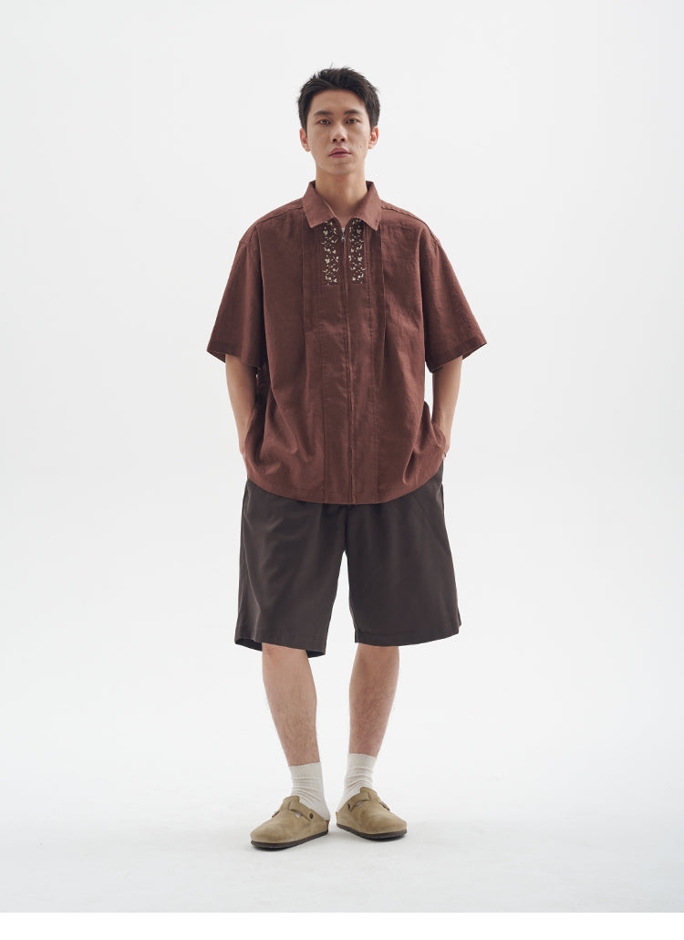 25SS Ramie Blend Passionflower Embroidery Washed Vintage Japanese Style Retro Short Sleeve Shirt