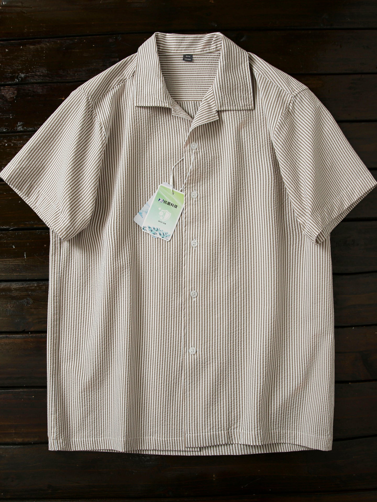 Bubble Gauze Texture 7A Antibacterial Cool Summer Men's Cuban Collar Striped Short Sleeve Shirt Top