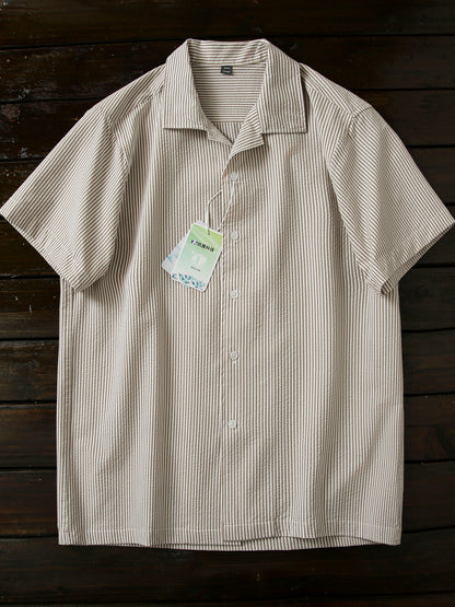 Bubble Gauze Texture 7A Antibacterial Cool Summer Men's Cuban Collar Striped Short Sleeve Shirt Top