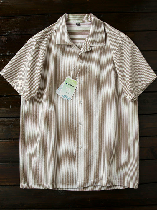 Bubble Gauze Texture 7A Antibacterial Cool Summer Men's Cuban Collar Striped Short Sleeve Shirt Top