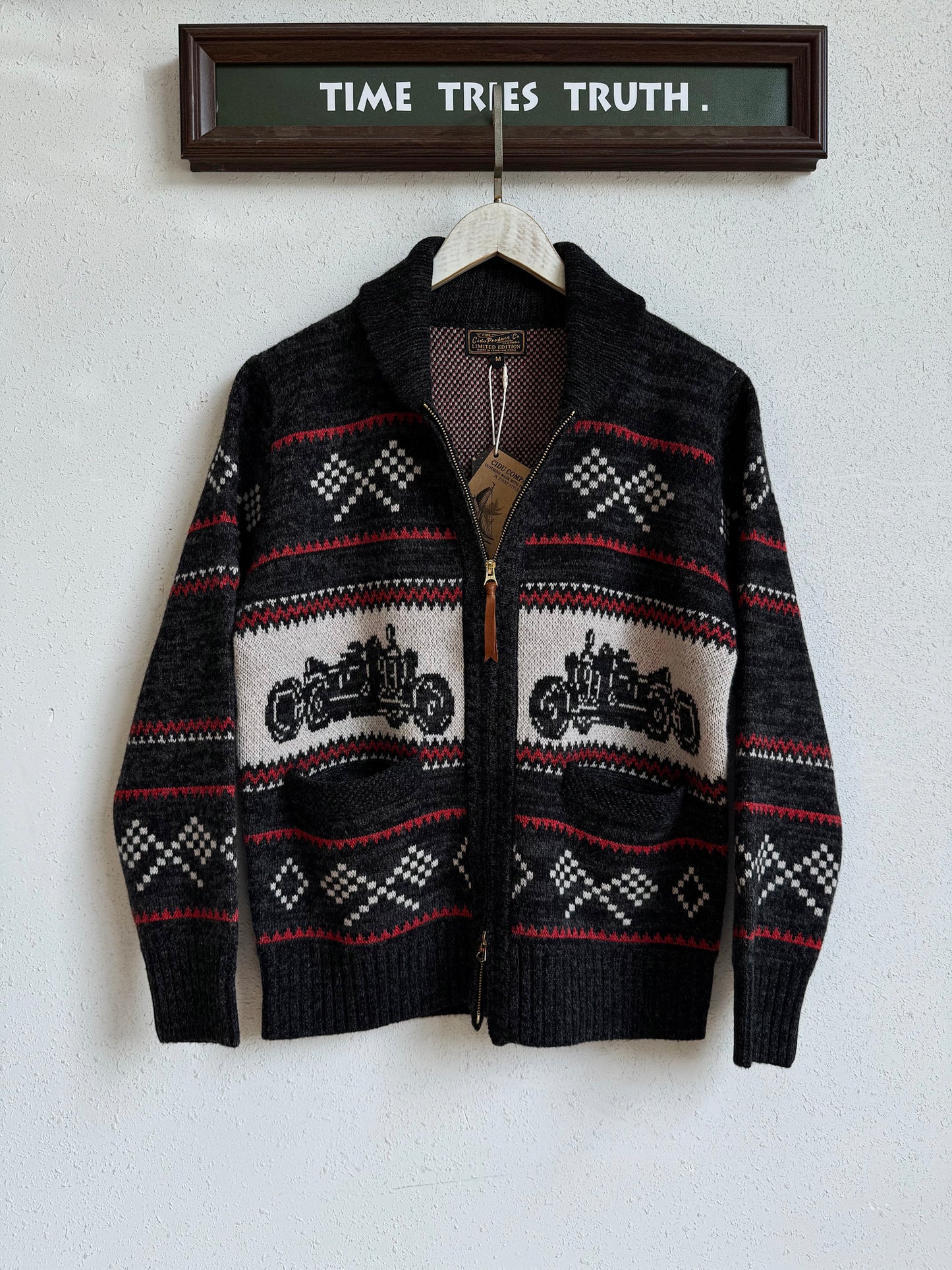 RRL Motorcycle Club Jacquard Cardigan – Heavy Retro Green Knit (Unisex)