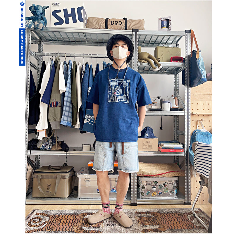 Japanese Retro Indigo Batik Craft Ethnic Style Patchwork Heavy Cotton Loose Fit Oversized T-Shirt for Men Summer Tee