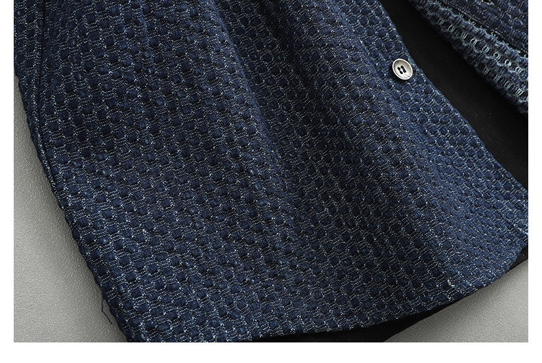 Japanese Retro Lattice Texture Denim Shirt - Loose Casual Lapel Shirt (Men)