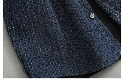 Japanese Retro Lattice Texture Denim Shirt - Loose Casual Lapel Shirt (Men)