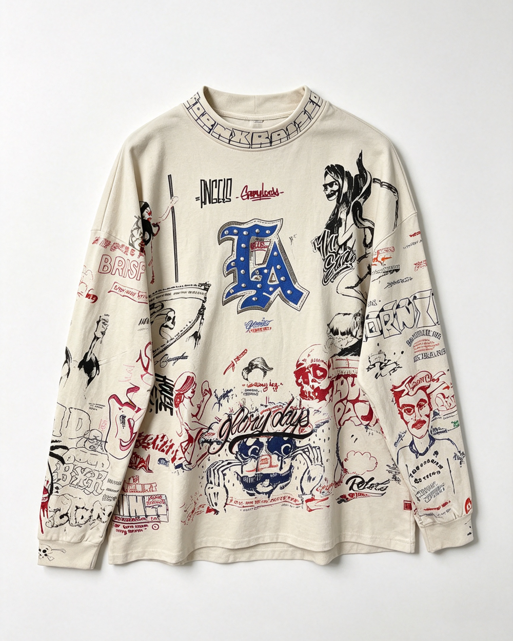 Quan Zhilong “Saint Michael” Rhinestone Graffiti Long-Sleeve Tee – Unisex Streetwear Vintage Base