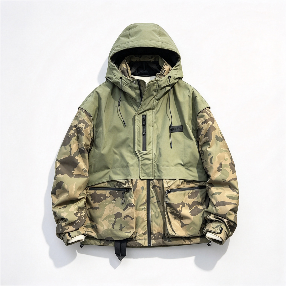 Camouflage Patchwork Hooded Down Jacket – White Duck Down Warm Loose Unisex – | japanese streetwear | vintage workwear | unisex | Yamalinclothes