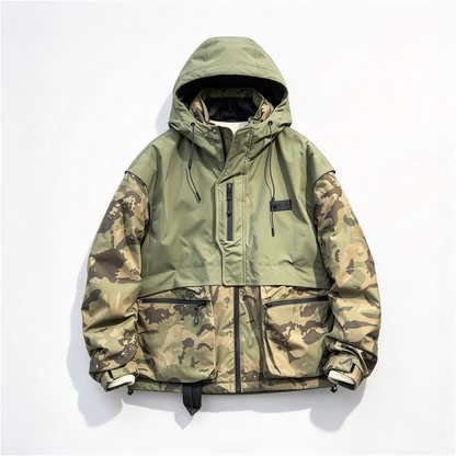 Camouflage Patchwork Hooded Down Jacket – White Duck Down Warm Loose Unisex – | japanese streetwear | vintage workwear | unisex | Yamalinclothes