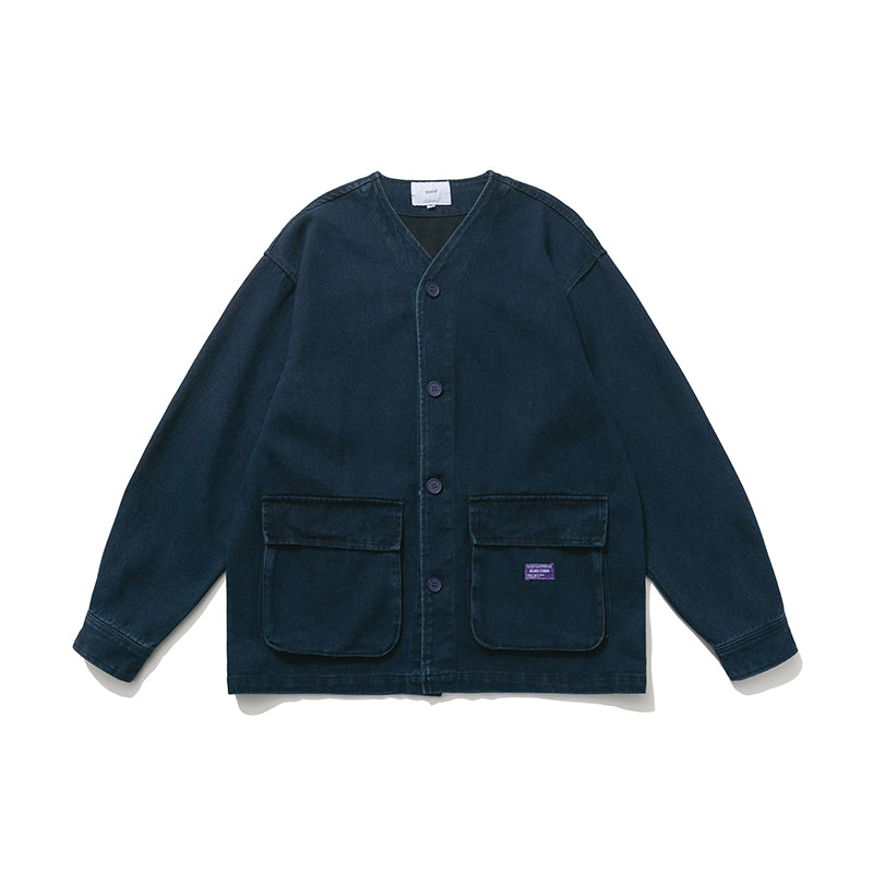 Vintage Washed Denim Collarless Shirt – Japanese Style Long Sleeve (Unisex)