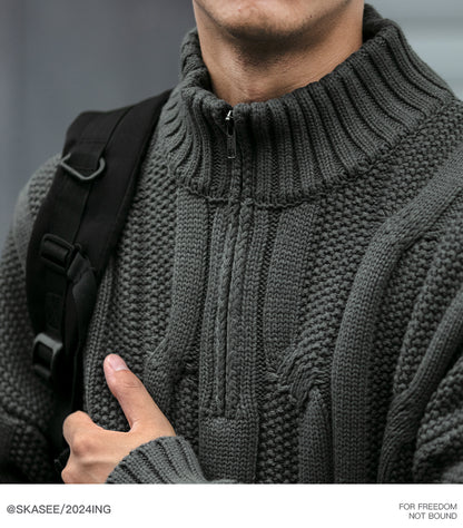 Men's Winter Heavyweight Cable Knit Sweater - American Retro Half-Zip Stand Collar