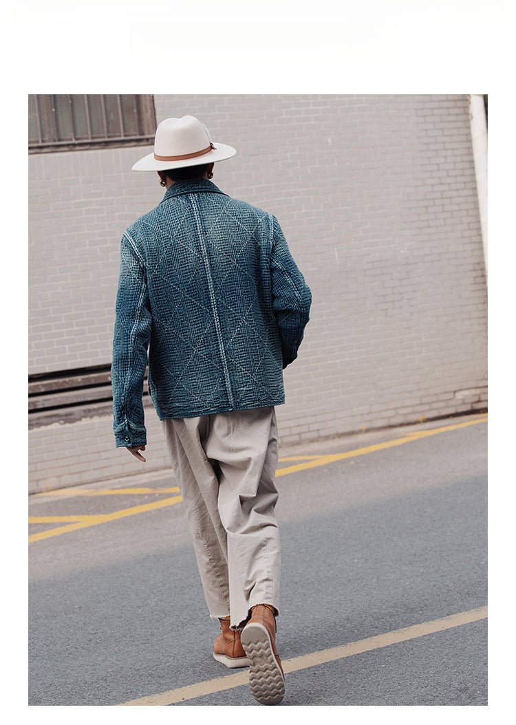 Retro Sashiko Washed Double-Breasted Jacket – Heavy Indigo Denim Workwear (Unisex)