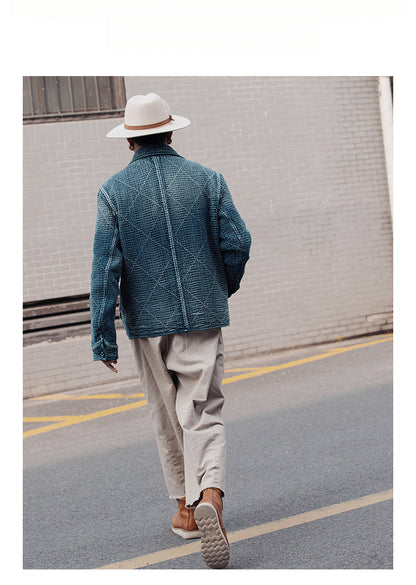 Retro Sashiko Washed Double-Breasted Jacket – Heavy Indigo Denim Workwear (Unisex)