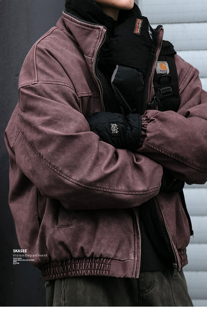 Heavy-Duty Washed Vintage Cotton Jacket - Lambswool Lined Stand Collar Coat (Men)