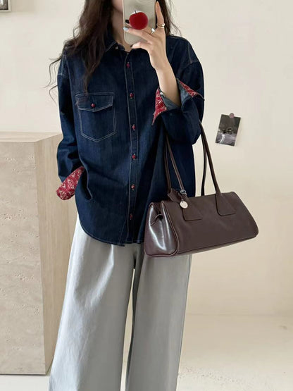 Design Sense Retro Denim Button-Front Shirt – Loose Slimming Long Sleeve for Women