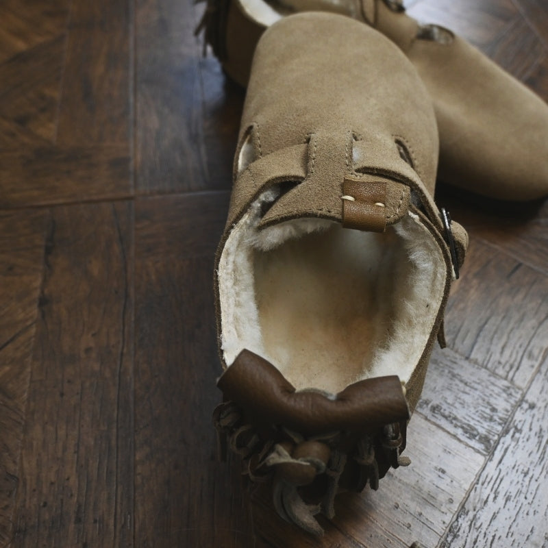 Sonofloong Vintage Genuine Leather Slippers - Deerskin Tassel Sheepskin Fur Closed-Toe Birkenstock Style