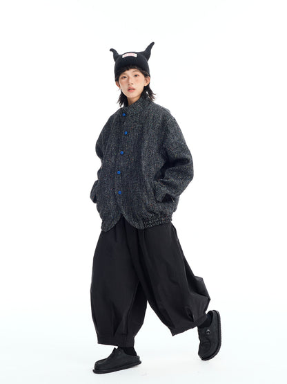 Japanese Retro Color-Block Herringbone Wool Coat - Curved Stand Collar (Women)