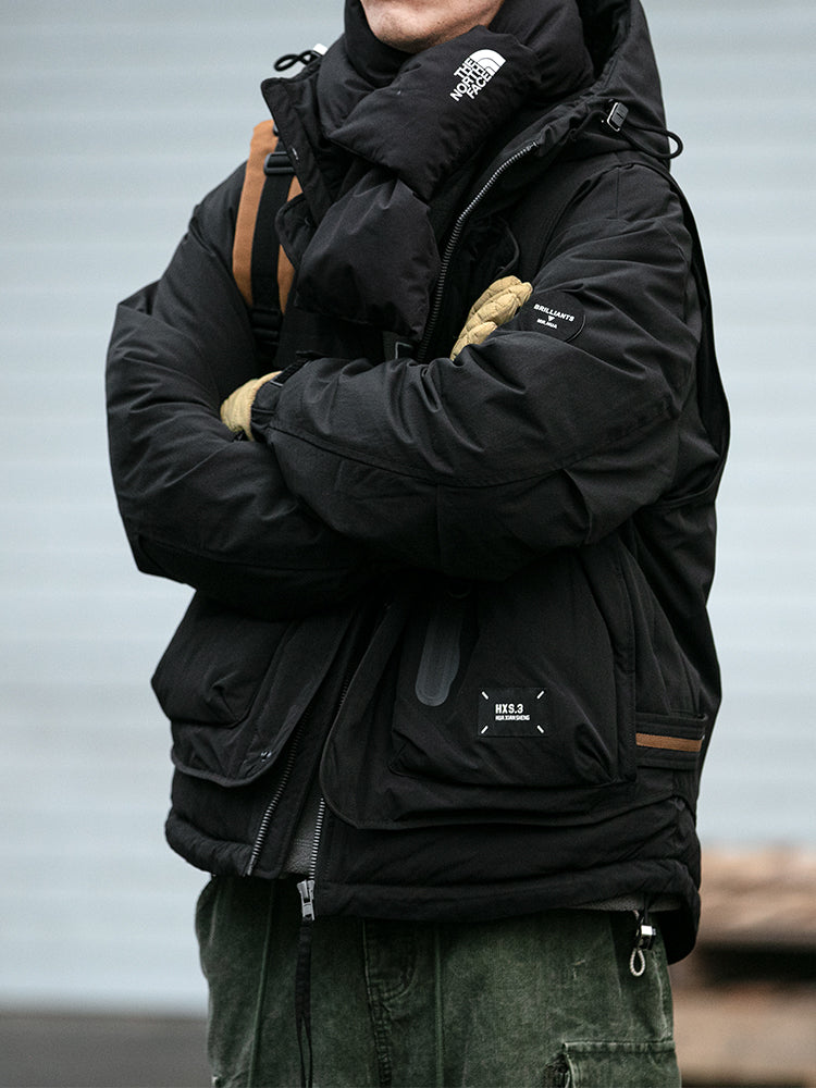 Winter Workwear Hooded Down Jacket Men's Trendy Loose Outdoor Multi-Pocket Functional 90% White Duck Down Warm Coat Trendy