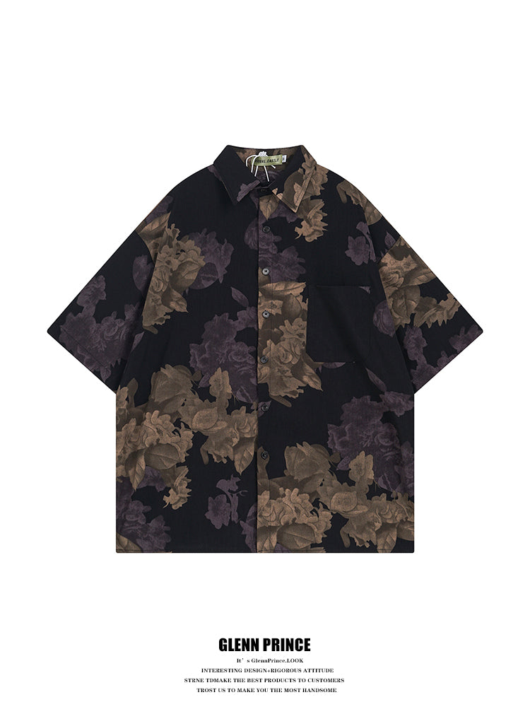 Thai Retro Baroque Short Sleeve Floral Shirt for Men Summer Beach Cool Casual Shirt Top