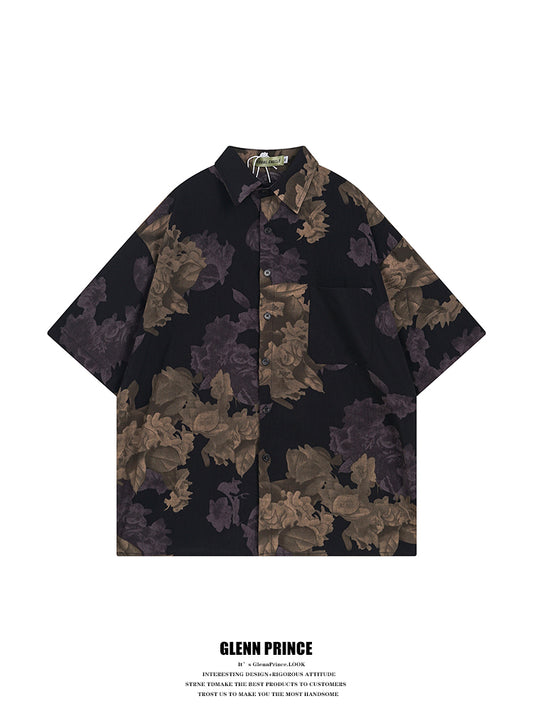 Thai Retro Baroque Short Sleeve Floral Shirt for Men Summer Beach Cool Casual Shirt Top
