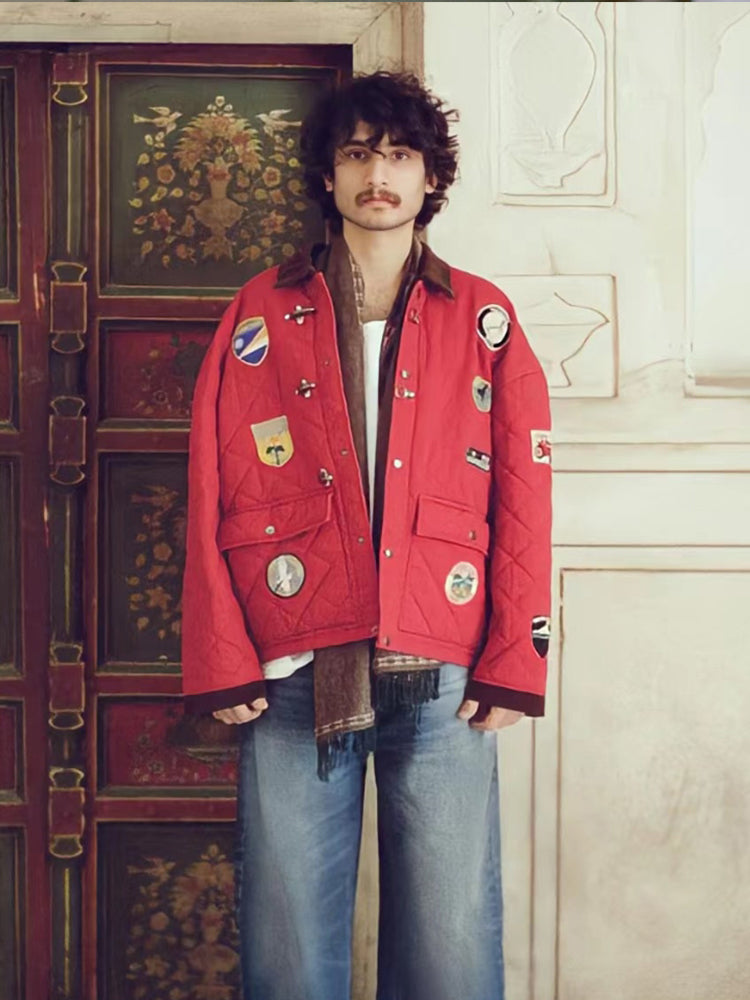 Multi-Emblem Embroidery Vintage Quilted Lightweight Cotton Jacket