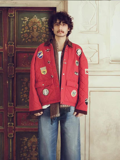 Multi-Emblem Embroidery Vintage Quilted Lightweight Cotton Jacket