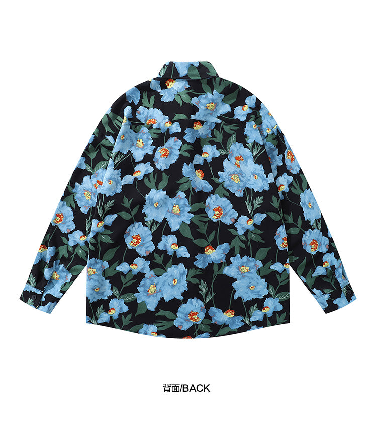 Resort Style Blue Floral Full Print Long Sleeve Shirt for Men 2025 Autumn New Hawaiian Floral Shirt