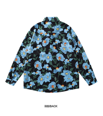 Resort Style Blue Floral Full Print Long Sleeve Shirt for Men 2025 Autumn New Hawaiian Floral Shirt