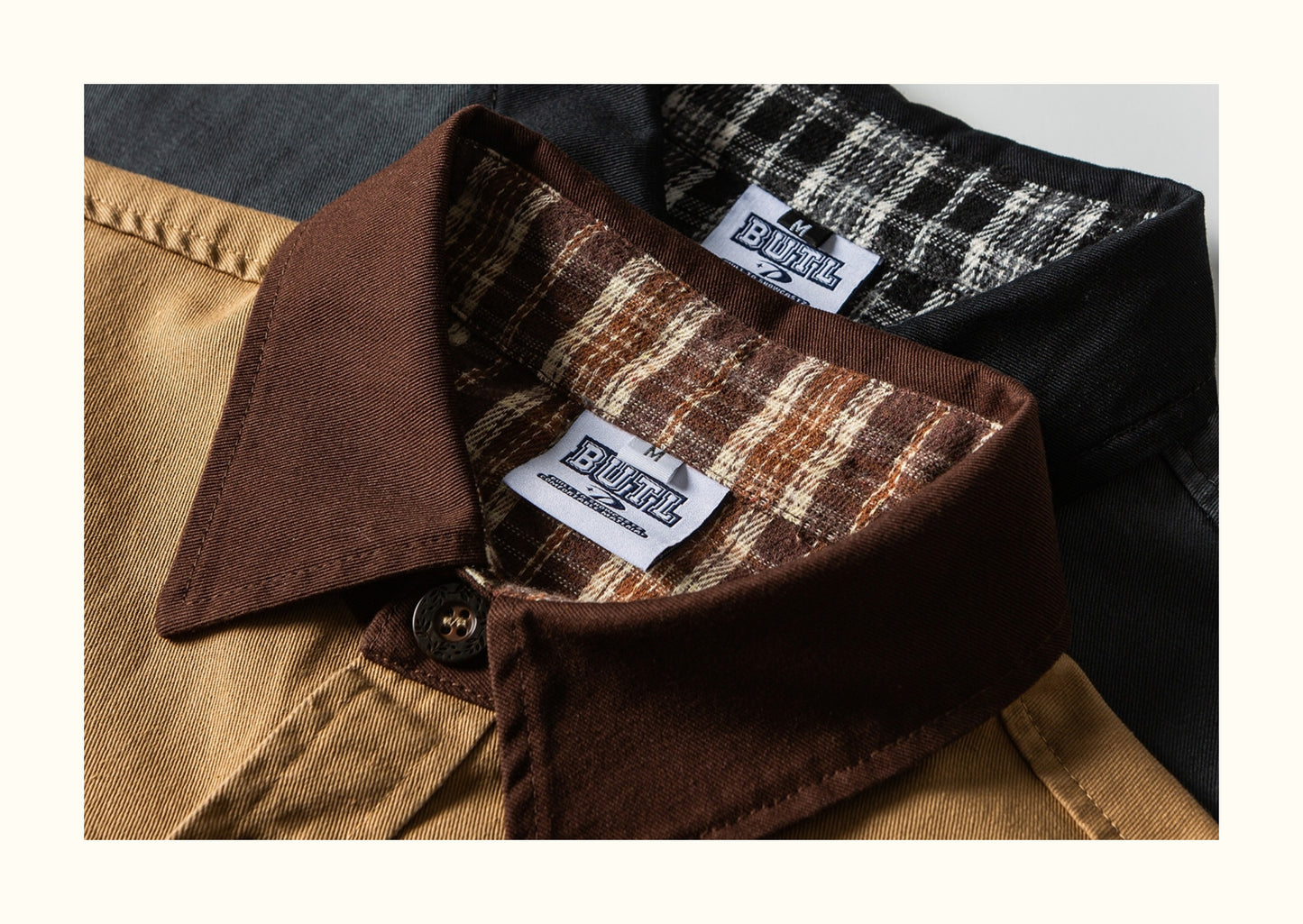 Colour-Block Turn-Down Collar Long Sleeve Shirt – Washed Heavy Cotton (Unisex)