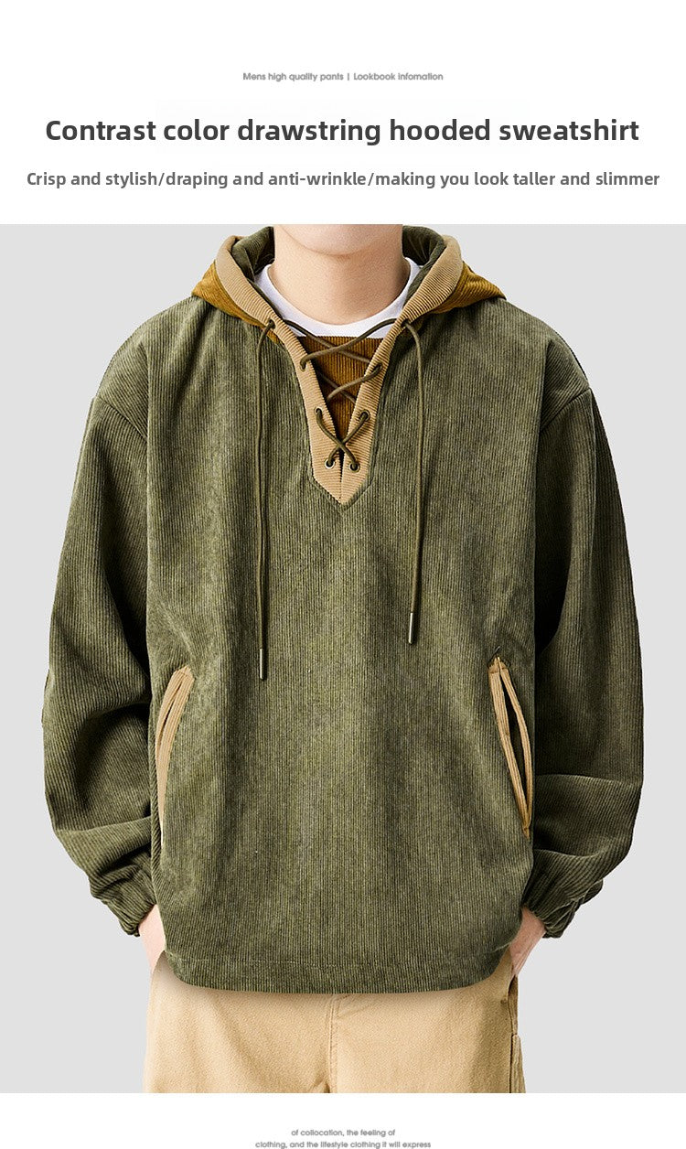 Lazy Day Corduroy Color-Block Hoodie – Retro American Loose Casual Top