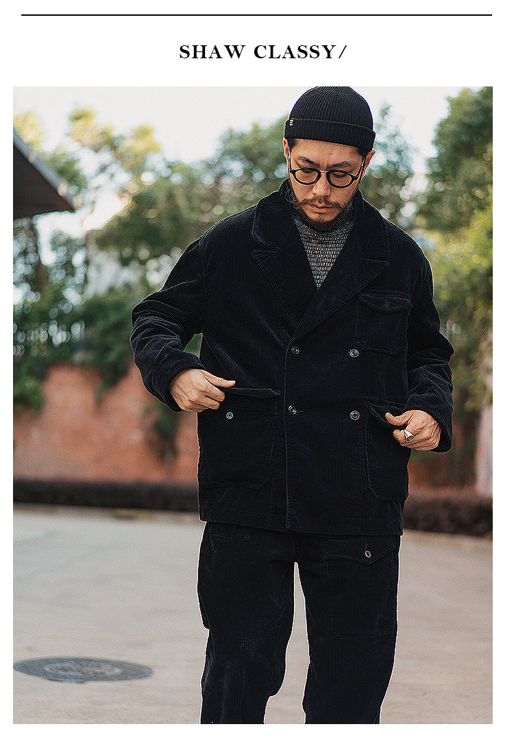 Retro Corduroy Double-Breasted Peak-Lapel Blazer – Loose 70s-Style Vintage Coat