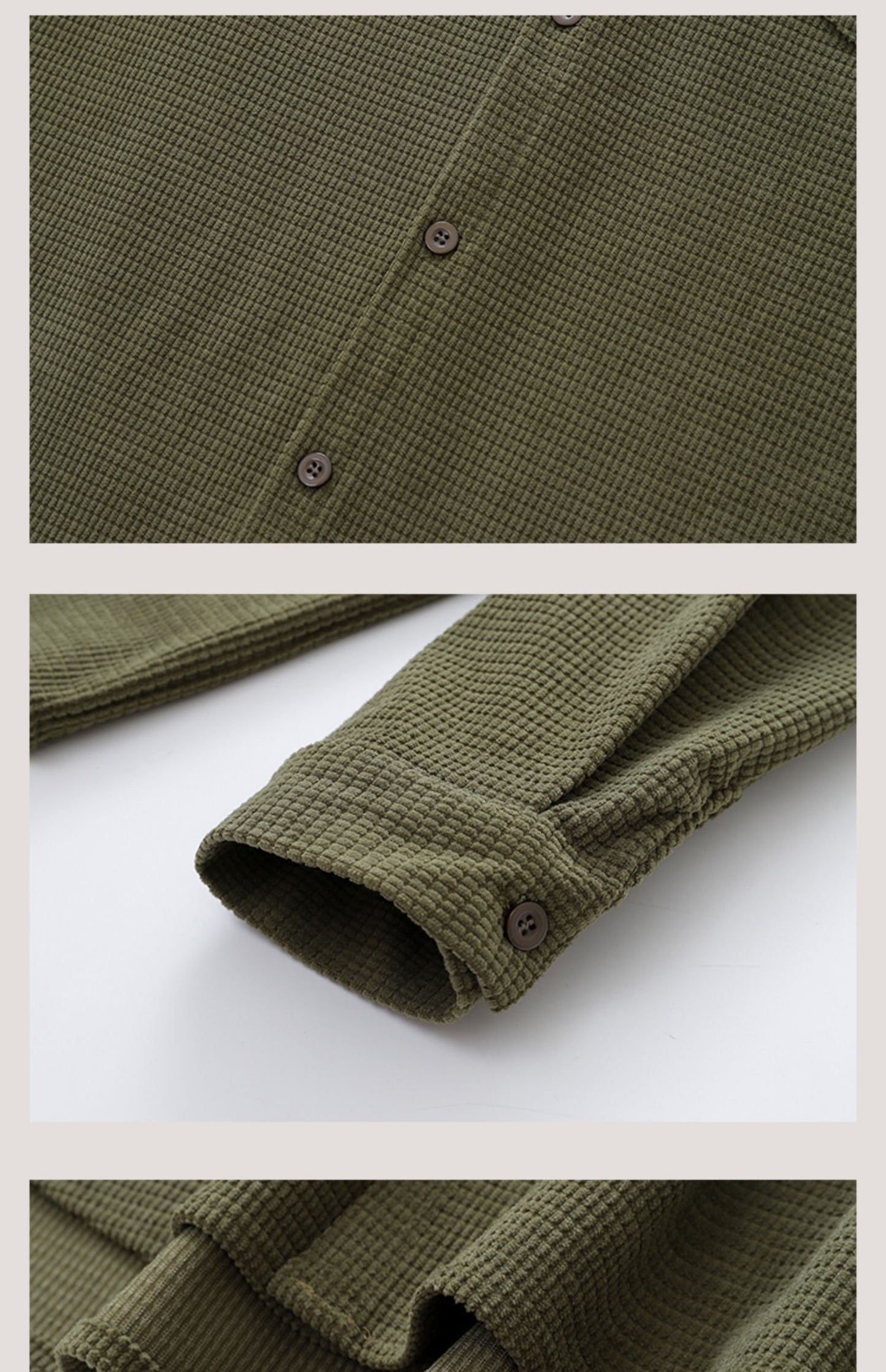 Vintage Neutral Waffle Knit Long Sleeve Shirt – Spring/Autumn Unisex Casual