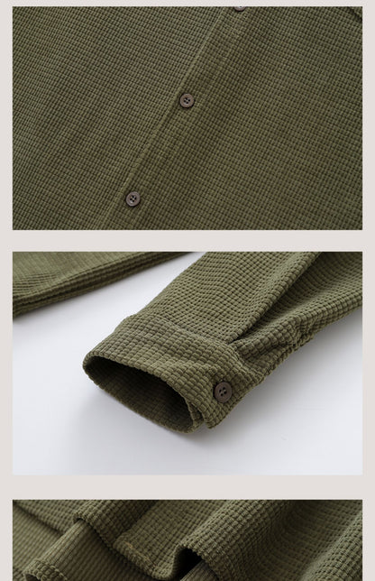 Vintage Neutral Waffle Knit Long Sleeve Shirt – Spring/Autumn Unisex Casual