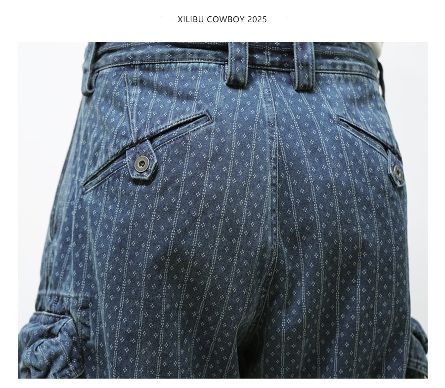 Blue Dyed Jacquard Loose Fit Scimitar Cropped Pants Japanese Retro Style with Large Pockets Casual Mid-Length Shorts