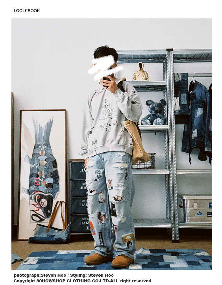 Retro Washed Graffiti Print Crewneck Sweatshirt – Distressed Loose Unisex