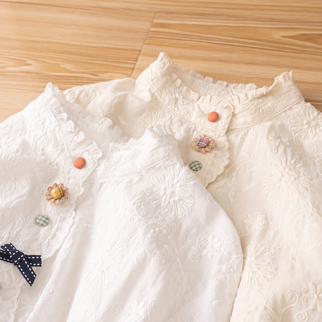 Japanese Style Ruffled Stand Collar Shirt – Color-Button Bow Long Sleeve Top